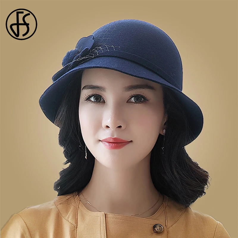 FS элегантная женская теплая шерстяная Фетровая Шляпа Fedora, королевский синий цветок, Дамская черная, винно-красная шляпа с широкими полями, зимняя, Осенняя шапка