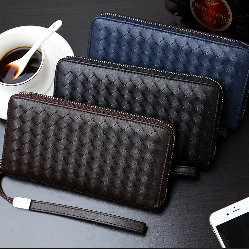 Men's Long Wallet Woven Zipper Purse Male Day Clutch Casual Phone Case Cards Holder Zipper Coin Purse Man