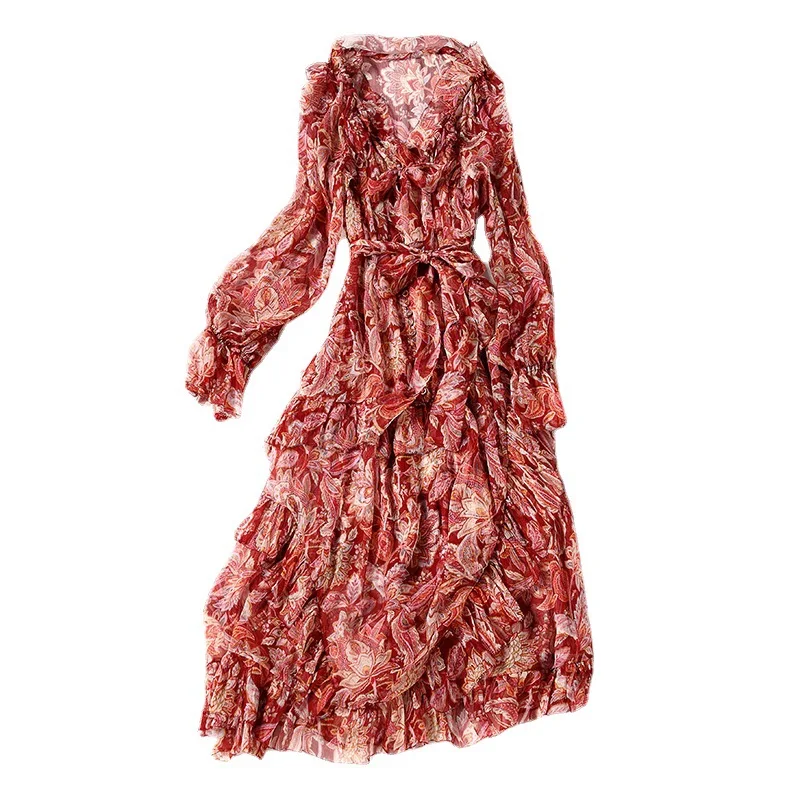 

2021 spring and summer slim pink flower skirt red printed silk skirt suit high waist medium length skirt women's dress