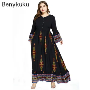 Bohemian Print Loose Maxi Dress 2021 Flare Long Sleeve Ethnic Muslim Abaya Islamic Robe Long Dress Plus Size Women Clothing 4XL
