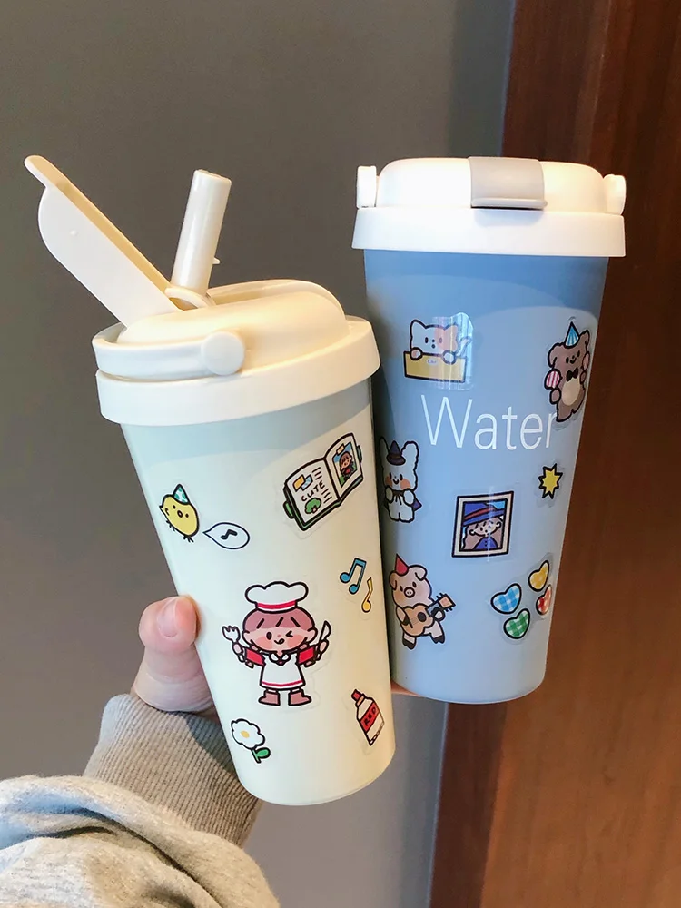 

Cute and simple vacuum flask Water cup with straw Coffee cup Children's Cup Couple Cup Milk Insulation Cup Office thermos cup
