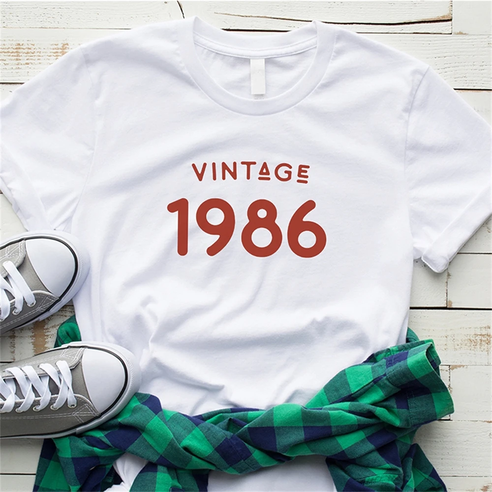 

Vintage 1986 T-shirts Causal Graphic Tee Shirt Birthday Letter Print Tops Women Fashion Tees White Summer Tops
