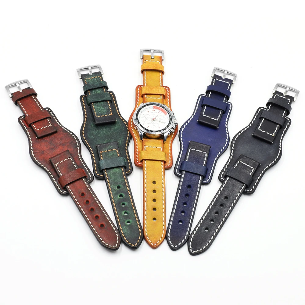 Cow Leather Watch Strap 20mm 22mm 24mm Yellow Green Blue Red Black Color Bracelet WristBand for Men Watch Accessories