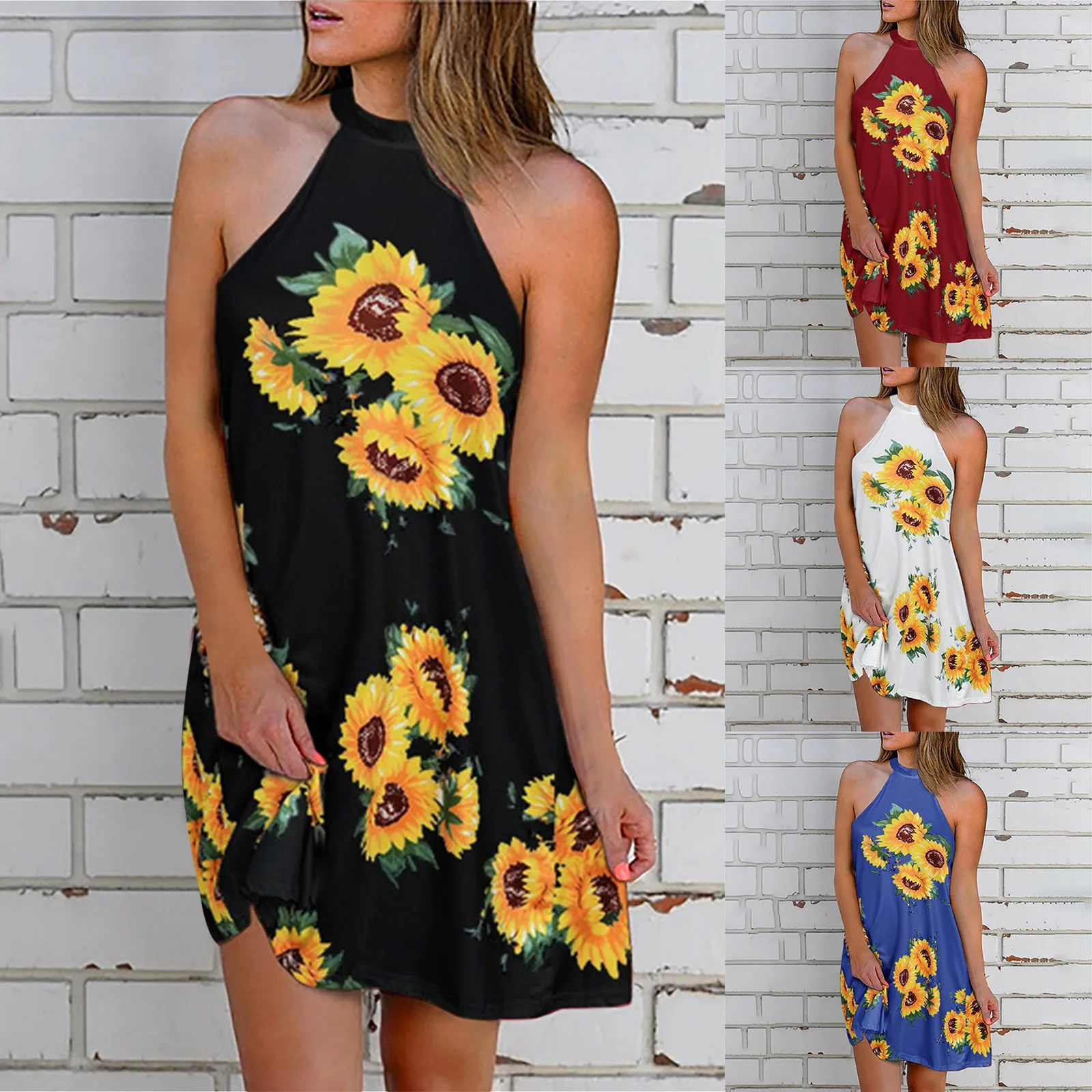 

61# Dress Women 2021 Summer Flower Print Sleeveless Sundress Blackless Mini Dress Halter Bandage Elegant New Dress Women