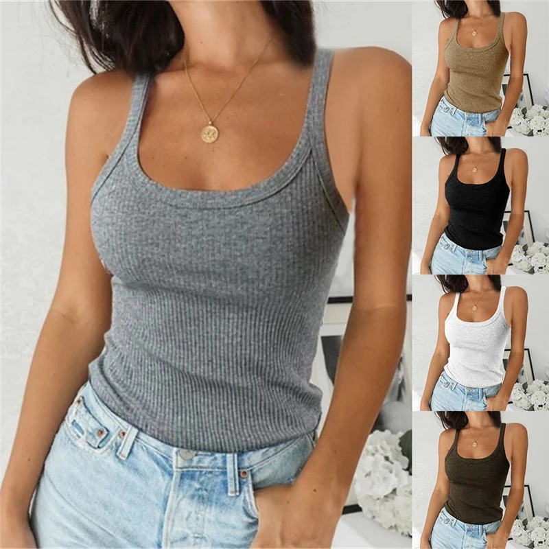 

Women Sleeveless Spaghetti Vest Quality Knitted Camis U-neck Tank Tops Casual Solid Color Basic Camisole For Female Plus Size
