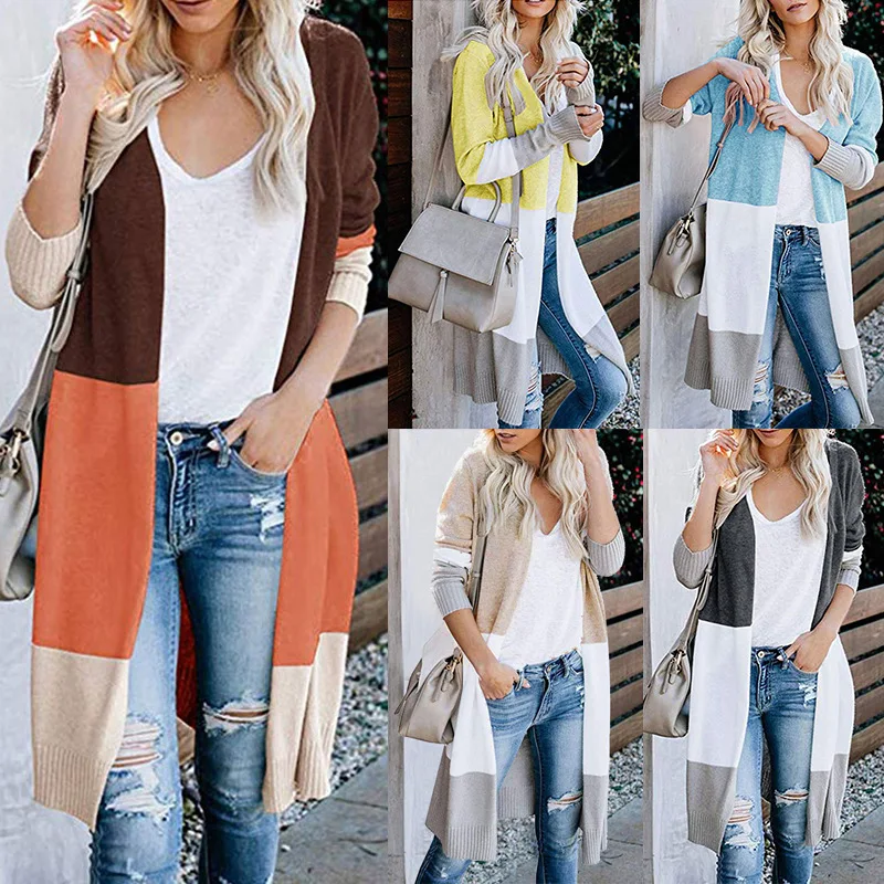  2021 Casual Knit Sweater  Ropa Mujer Spring Women Sweater Striped Color Block Draped Loose Cardigan Long Sleeve Coat