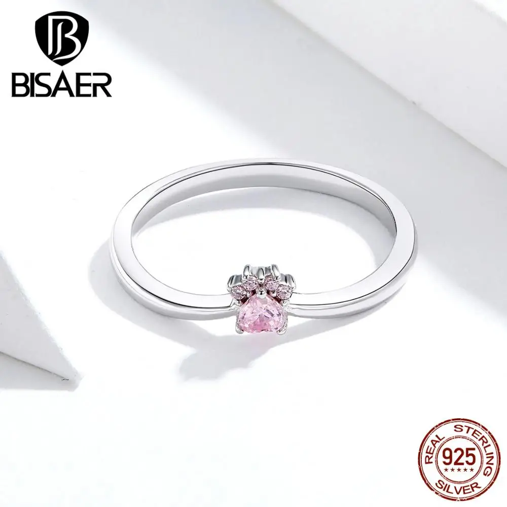 Кольца с отпечатками ног, BISAER, 925 пробы, серебро и розовый циркон, собака, кошка, маленькие следы, кольца на палец, корейские серебряные ювелирные изделия ECR628