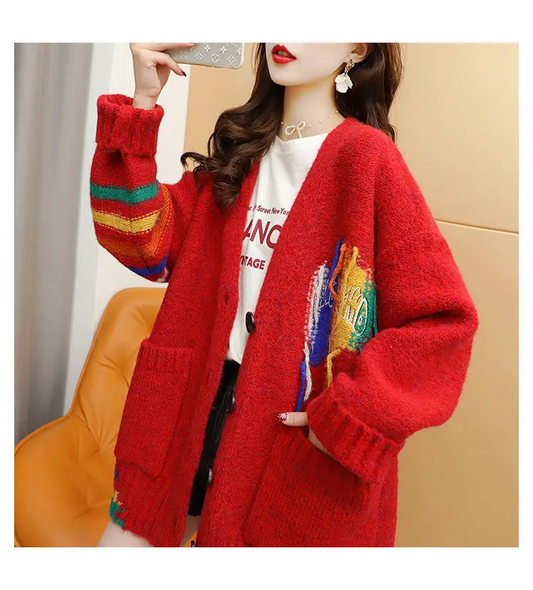 

2021 Women Autumn Winter Knitted Cardigan Female Printed Loose Oversize Sweater Women Elegant V Neck Long Sleeve Cardigans Q835