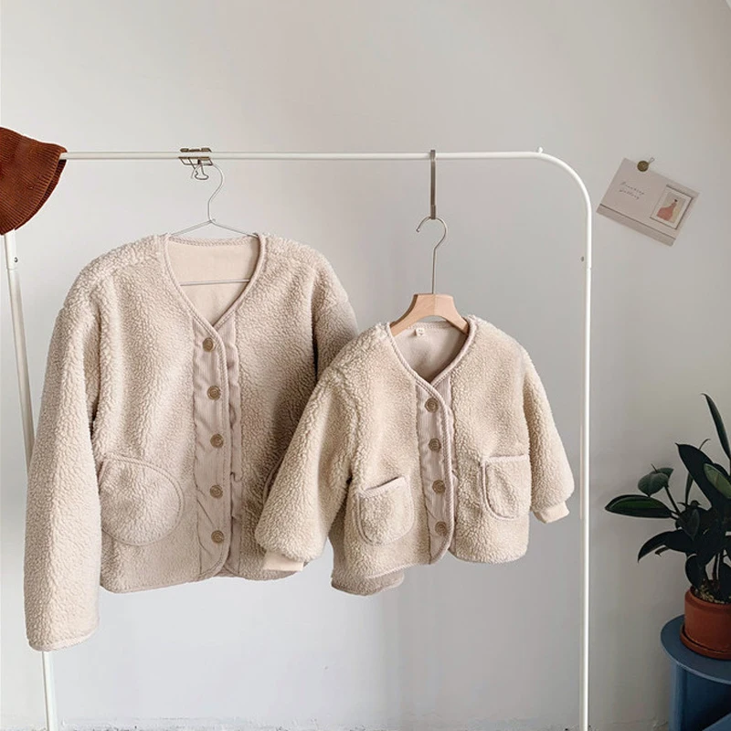 2021 Fall Winter Korean Boys Clothes For Girls Cardigan Japanese Granular Velvet Loose Lamb Velvet Warm Children's Jacket Coat