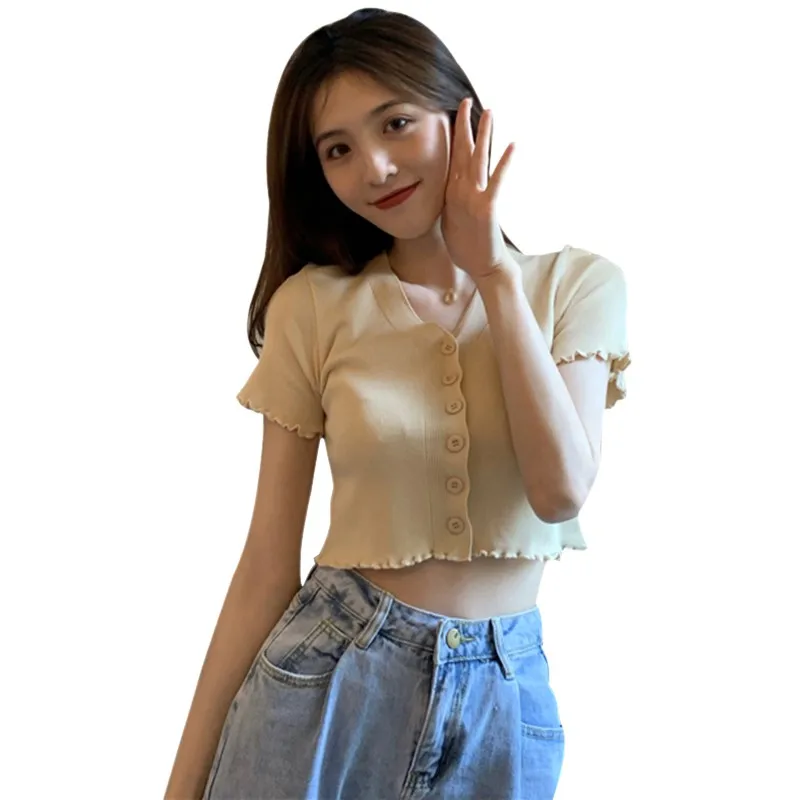 

Fashion V-neck Button Short Section Exposed Navel Knitted Short-sleeved T-shirt Summer Women