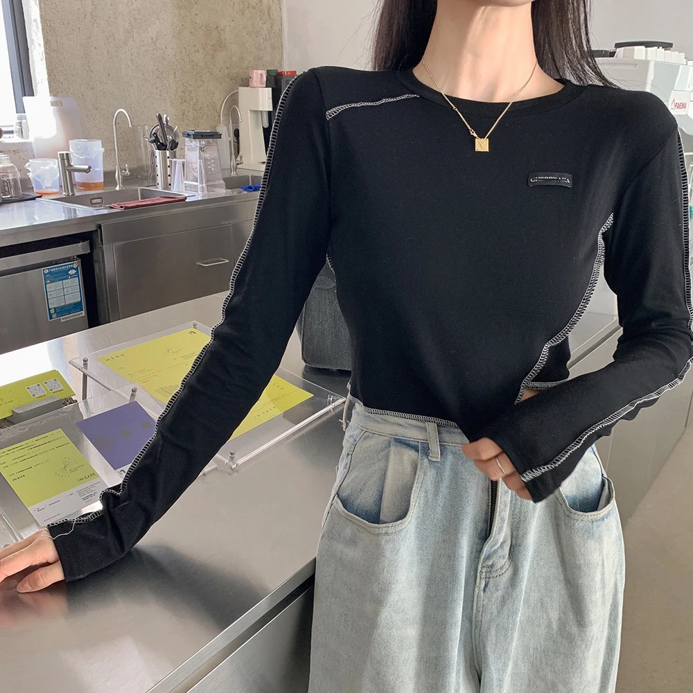 

Crop Top Women's Clothing Spring Autumn Long Sleeve Slim Tees Back T-Shirts Casual Fashion Brand Hipster Asymmetric New 2021