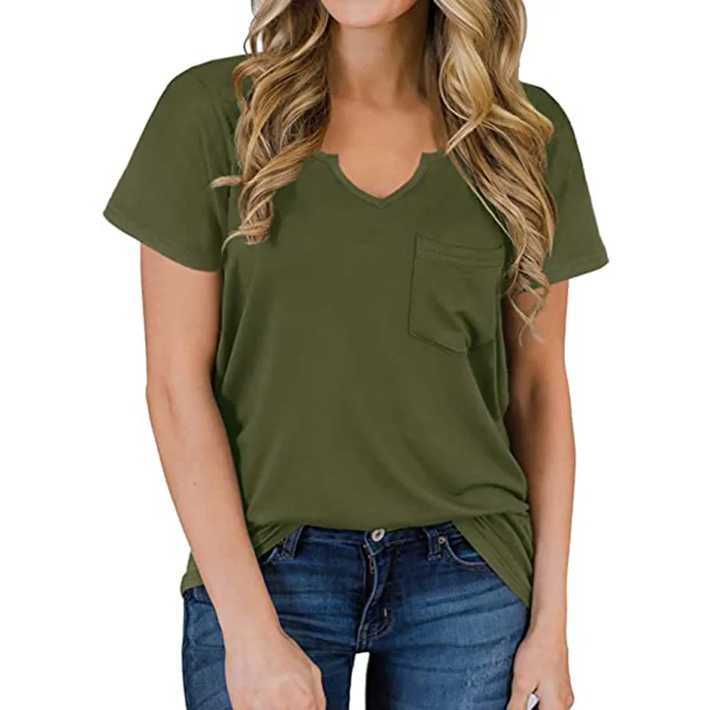 

Women's 2021 Spring and Summer V-neck Pocket T-shirt Europe and America Solid Color V-neck Short Sleeve Loose Top
