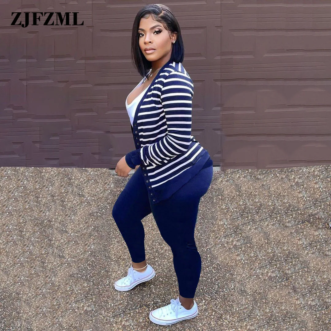 

Casual Style Women's Clothing Striped Print Long Sleeve Open Stitch and High Waist Sheath Stretchy Legging Pant Casual Outfits