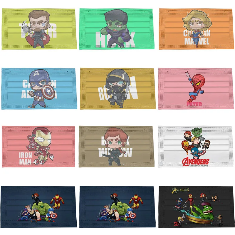 

Disney Marvel Disposable Mouth Masks Avengers Design Cute Cartoon Spider Hulk Black Widow Print Anime Face Mask Mascara 50Pcs