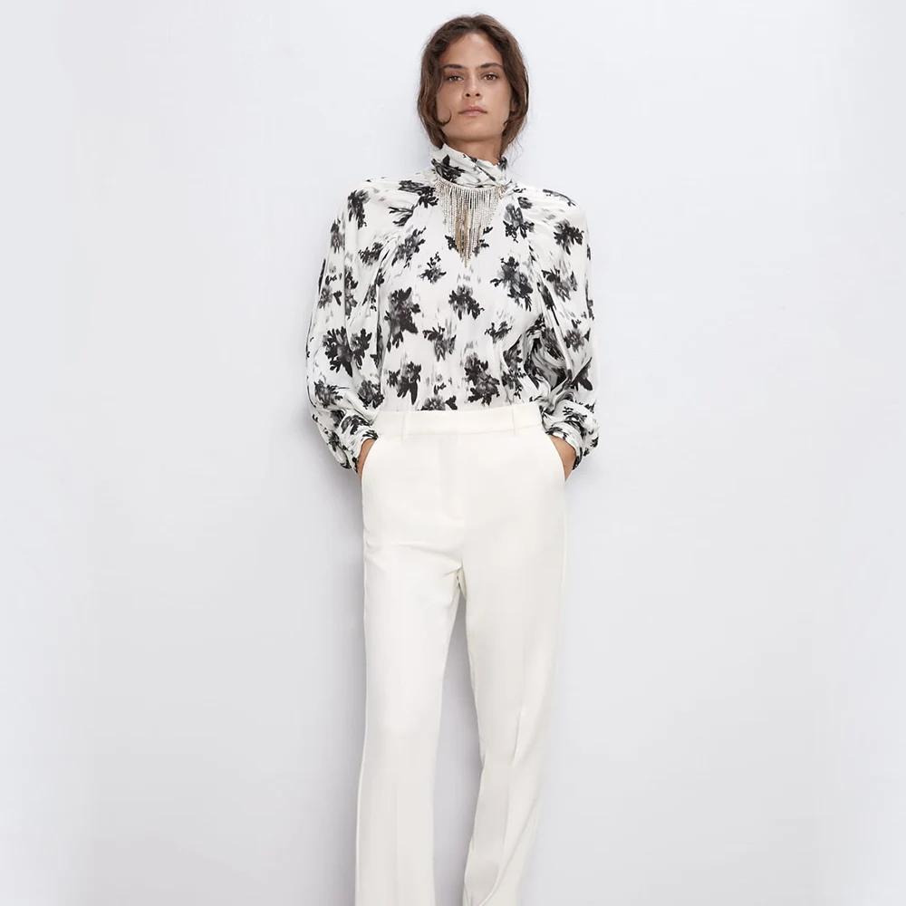 Женская рубашка с цветочным принтом ZA шифоновый топ воротником стойкой и