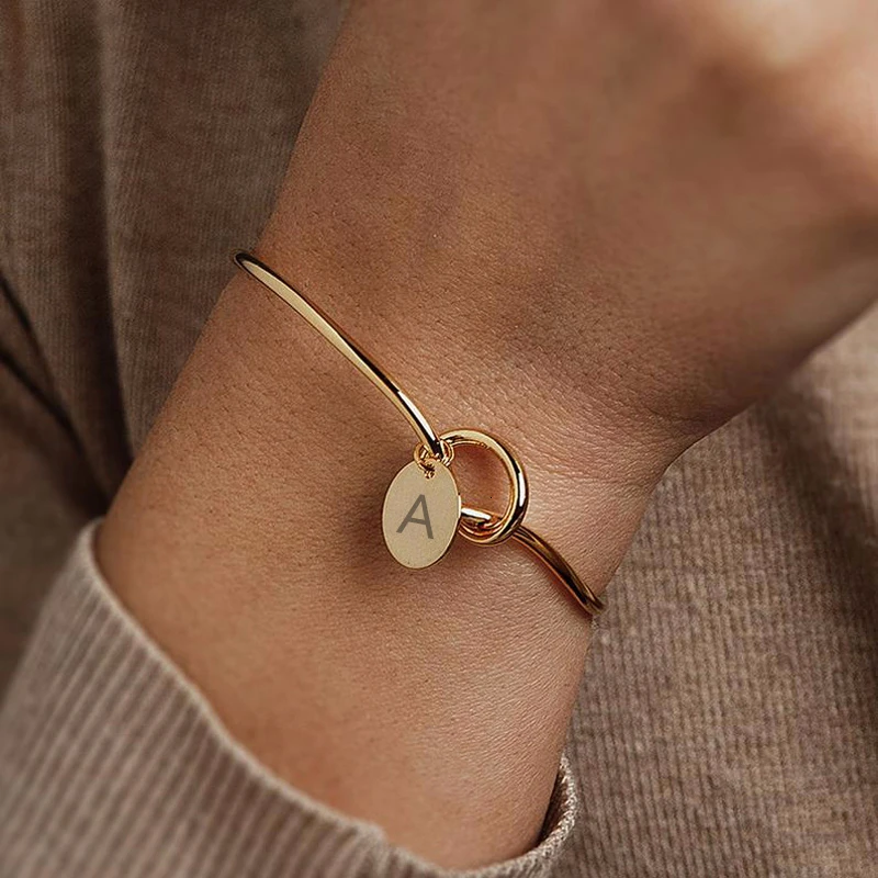 Женский Браслет манжета из нержавеющей стали с буквами от A до Z|Браслеты-манжеты|
