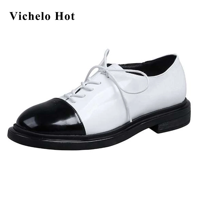 

Vichelo Hot autumn winter shoes women round toe med heel mixed colors lace up British style pretty girls dating basic pumps L33