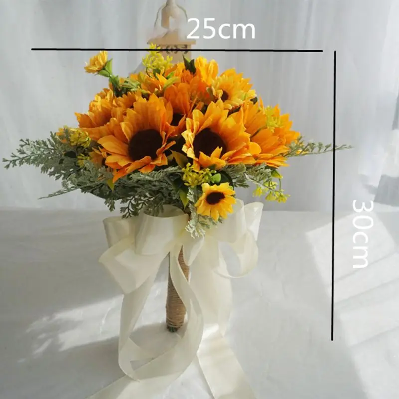 

Artificial Bridal Wedding Bouquet Romantic Handmade Bright Sunflower Linen Rope Handle Satin Ribbon Church Party Home Decoration