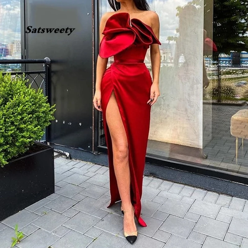 

Robe De Soiree Mermaid Evening Dress 2021 Satin Elegant Long Formal Dress Side Slit Vestido De Festa Abiye