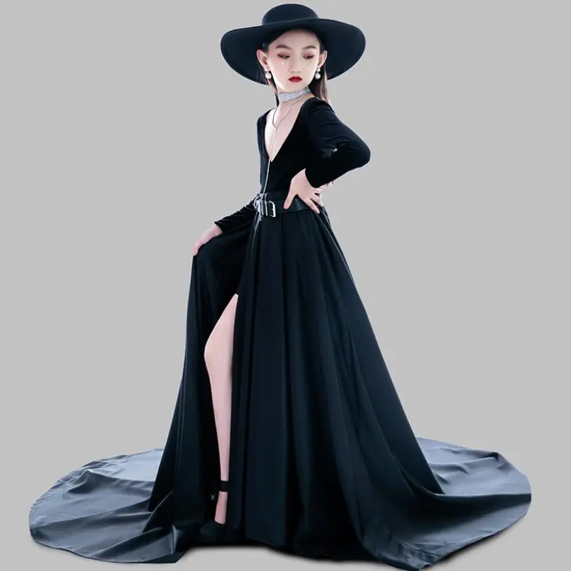 

Baby Girls princess trailing Evening Dress 2021 New Temperament Atmosphere Children Model Catwalk Piano Costume L1508
