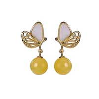 925 sterling silver gold plated natural amber ear studs personality butterfly simple round beads temperament female eardrops