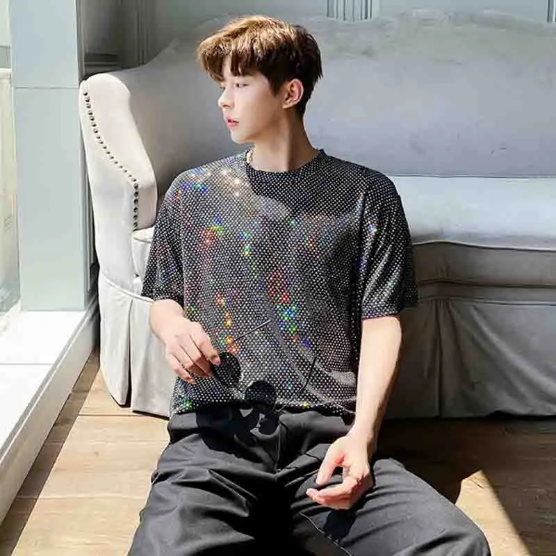 

Loose bar flashy t-shirt men's trampy bottoming top hip hop top Street sequins t short sleeve color clothes men's fashion brand