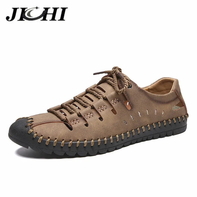 Сандалии JICHI мужские кожаные лоферы удобная пляжная обувь Нескользящие