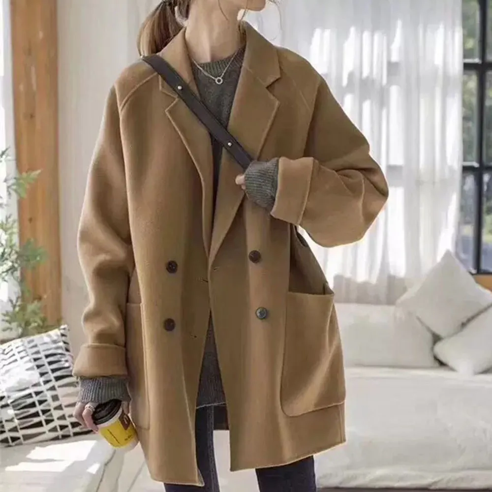 

Women Autumn Coat New Mid Length Loose Long Sleeve Solide Color Button Pocket Casual Simple Elegant Coats Female Winter 2021