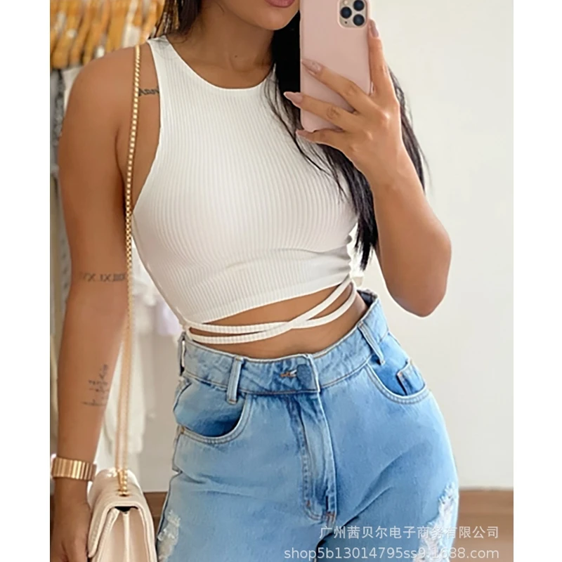 

WEPBEL Solid Color Slim Vest Women's Casual Short Vest Summer Fashion Sleeveless O-Neck Bandage Vest Top