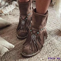 women ankle boots chunky low heels ladies chaussure vintage pu leather gladiator tassels shoes woman zapatos mujer sapato hp2245