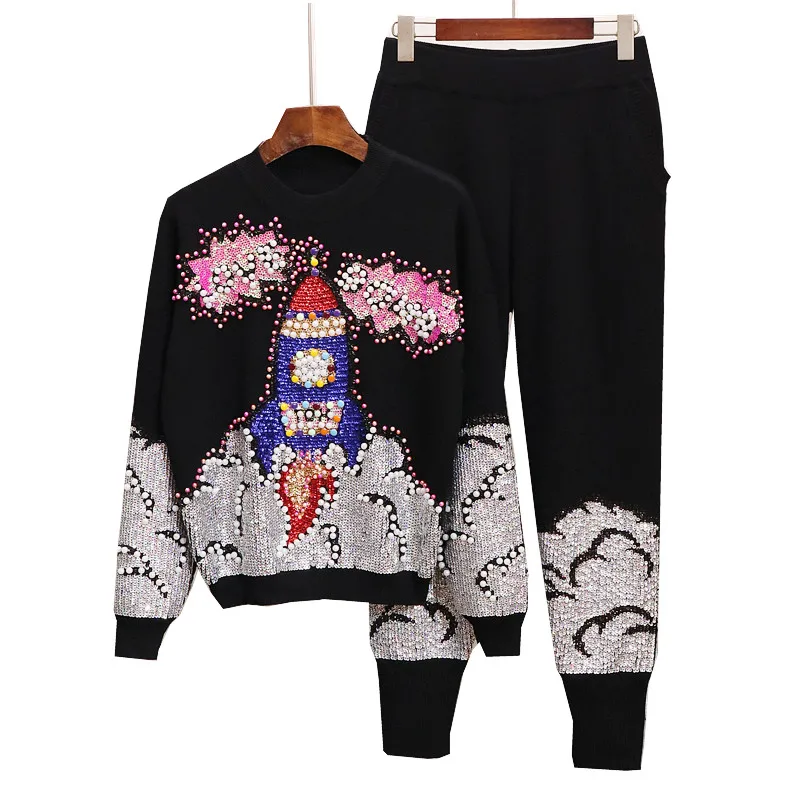 

Женский трикотажный костюм из двух предметов, свитер с длинными рукавами и бусинами и цветочным принтом + штаны, высокое качество, wq1732