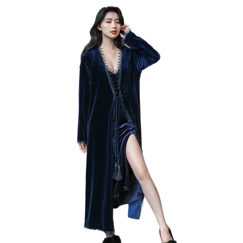 

Nightgown Female Autumn and Winter Golden Velvet Sexy Suspender Deep V Beautiful Back Long Robe Gown Sets Night Dress