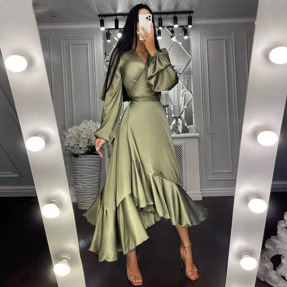 

Элегантные мягкие атласные платья средней длины для выпускного вечера, официальные платья с длинным рукавом, Вечерние платья до щиколотки