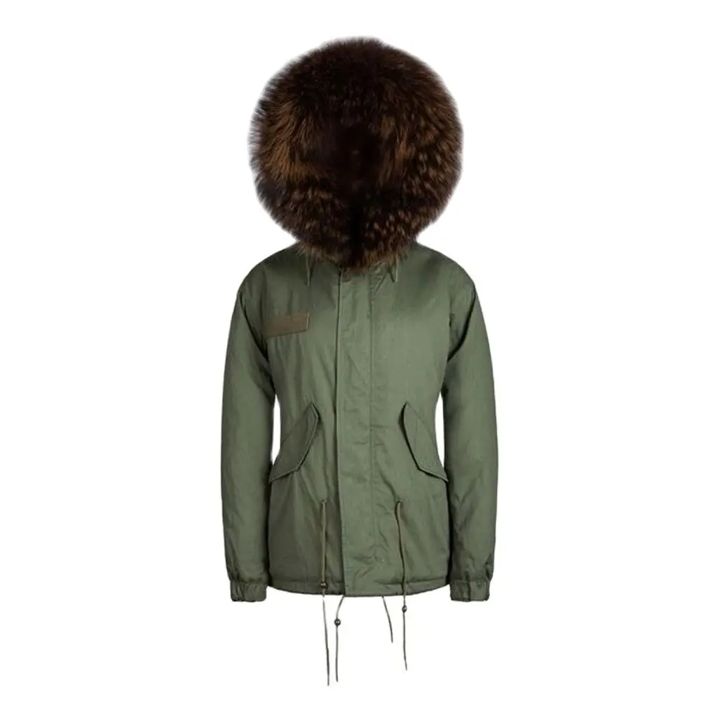 

Mr Fur Parka Winter Short Caffee Brown Faux Fur Lined Coat Fashion Wear With Raccoon Fur Collar