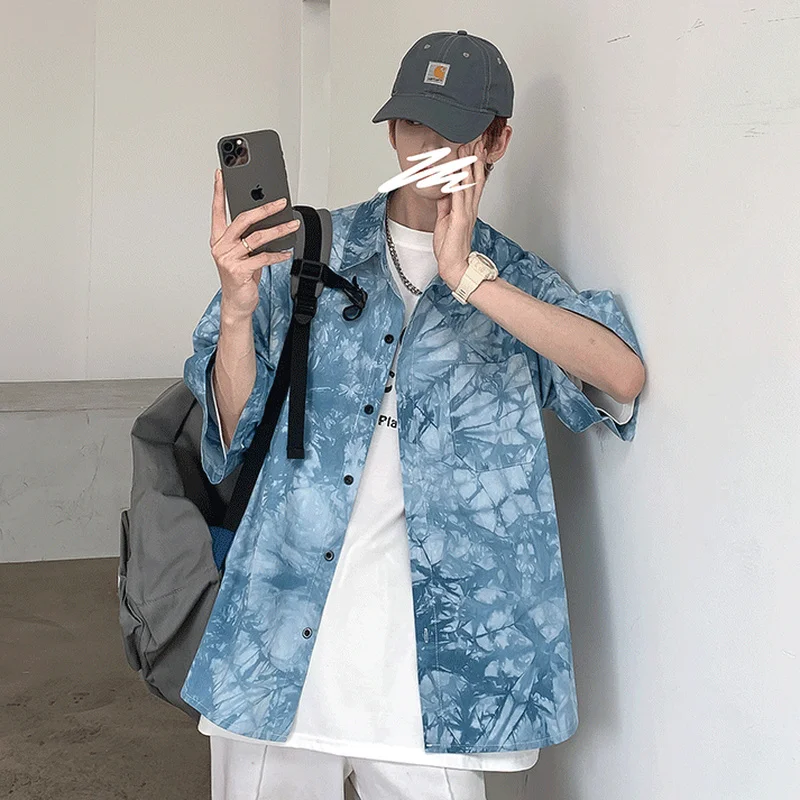 Мужская рубашка с коротким рукавом однобортная Свободная Повседневная оверсайз