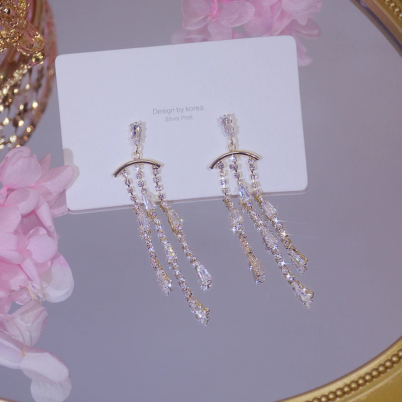 

Trendy Korean Long Tassel Design Bohemia Earring Exquisite AAA Zircon 14K Real Gold Drop Earring Wedding Bridal Jewelry Brincos