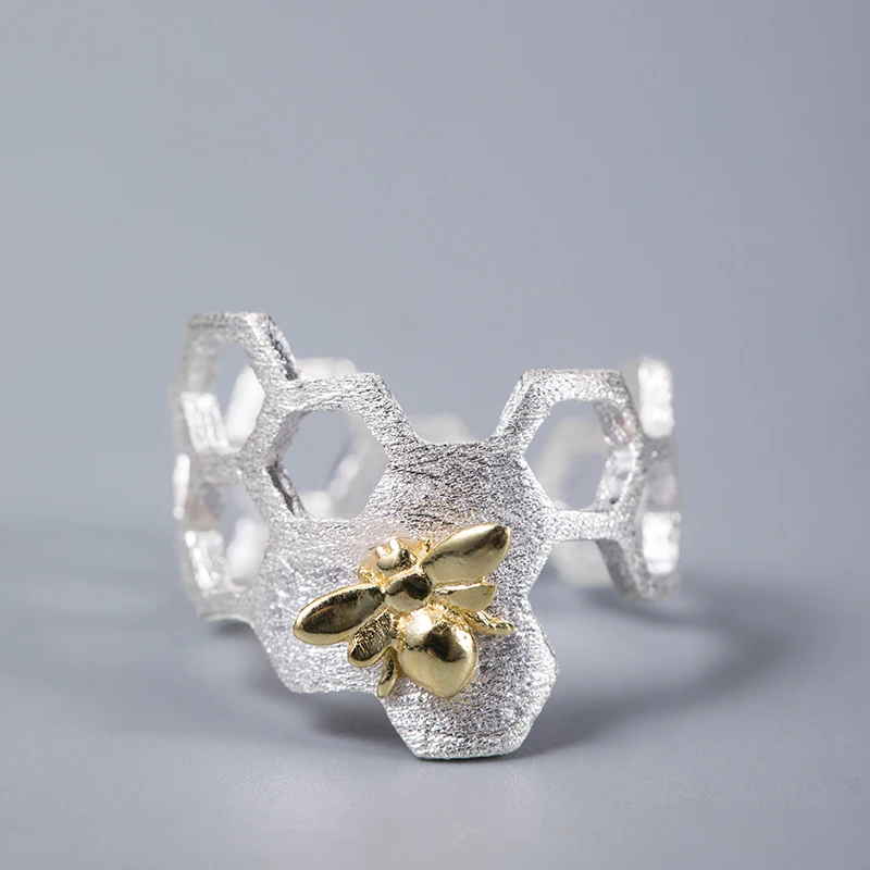 

VLA Real 925 Silver Personalized Design Beehive Ring Women's Creative Lovely Bee Opening Ring Adjustable Size Jewelry