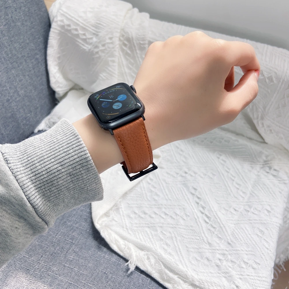Compatible with Apple Watch Band Strap 38mm 40mm 42mm 44mm, Genuine Top Layer Leather Litchi Rind Replacement Strap All Series