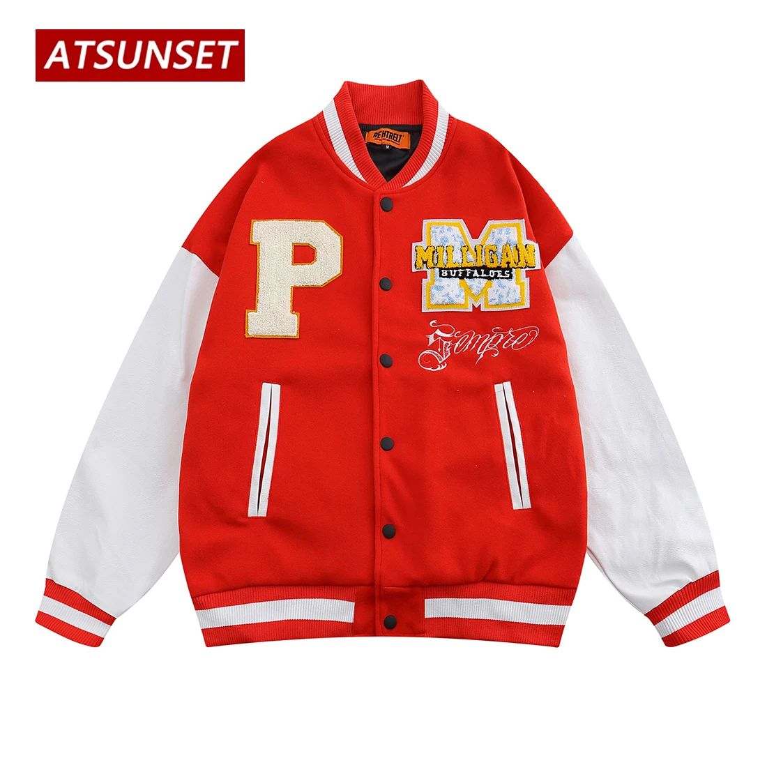 ATSUNSET Big Letter P.M Hip Hop Baseball Jacket Harajuku Retro Varsity Jacket Streetwear Fashion Cotton Jacket Coat Tops