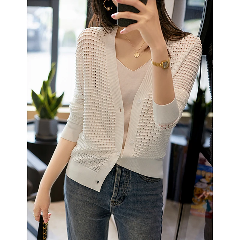 

Autumn New Vintage Woman Sweaters Soild Hollow Out Long Sleeve V Neck Cardigan Tops Knitted Black White Slingle Breasted Sweater
