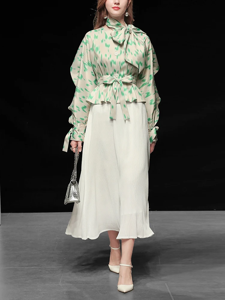 2020 New Runway Spring Women Elegant Bow Collar Ruffles Long Sleeve Tops Blouse Shirts And Slim Mid-Calf Party Skirt Suits Set |