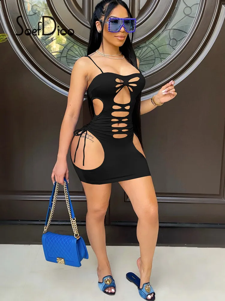 

Soefdioo Solid Spaghetti Strap Hollow Out Bodycon Dress Women Chic Cut Out Party Mini Dress Summer 2021 Sexy Night Club Sundress