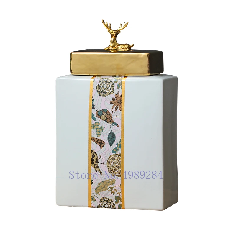 

CERAMICS VASE CHINESE STYLE GOLDEN DEER WITH COVER STORAGE JAR MODERN HOME DECORATION FLOWER ARRANGEMENT GOLD VASES FLOWER