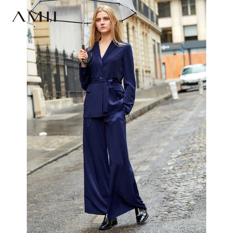 Amii Office Lady Two Piece Set Spring Women Fashion Solid Long Sleeve Lace Up Blazer Wide Leg Pants 11940067 |