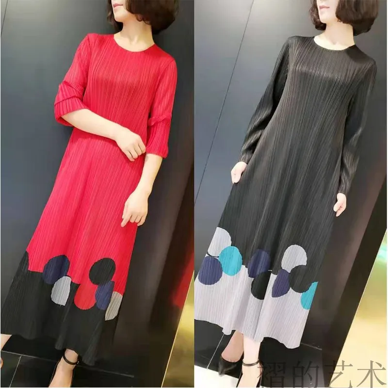 

HOT SELLING spring miyake pleated one-piece dress print o-neck long sleeve A-Line dress IN STOCK