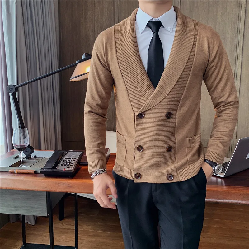 

Korean Slim Fit V Neck Double Breasted Cardigan Men Clothing Fashion 2020 Front Pockets Decor Knitted Sweater Coat Streetwear