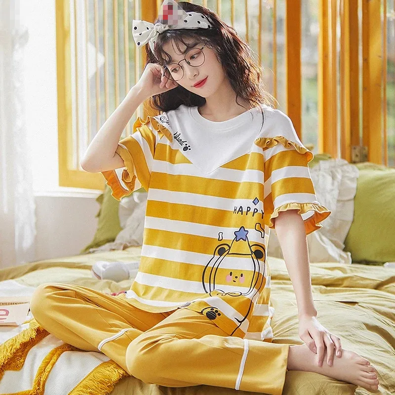 Пижамный комплект Женский трикотажный хлопковый Повседневный пижамный с