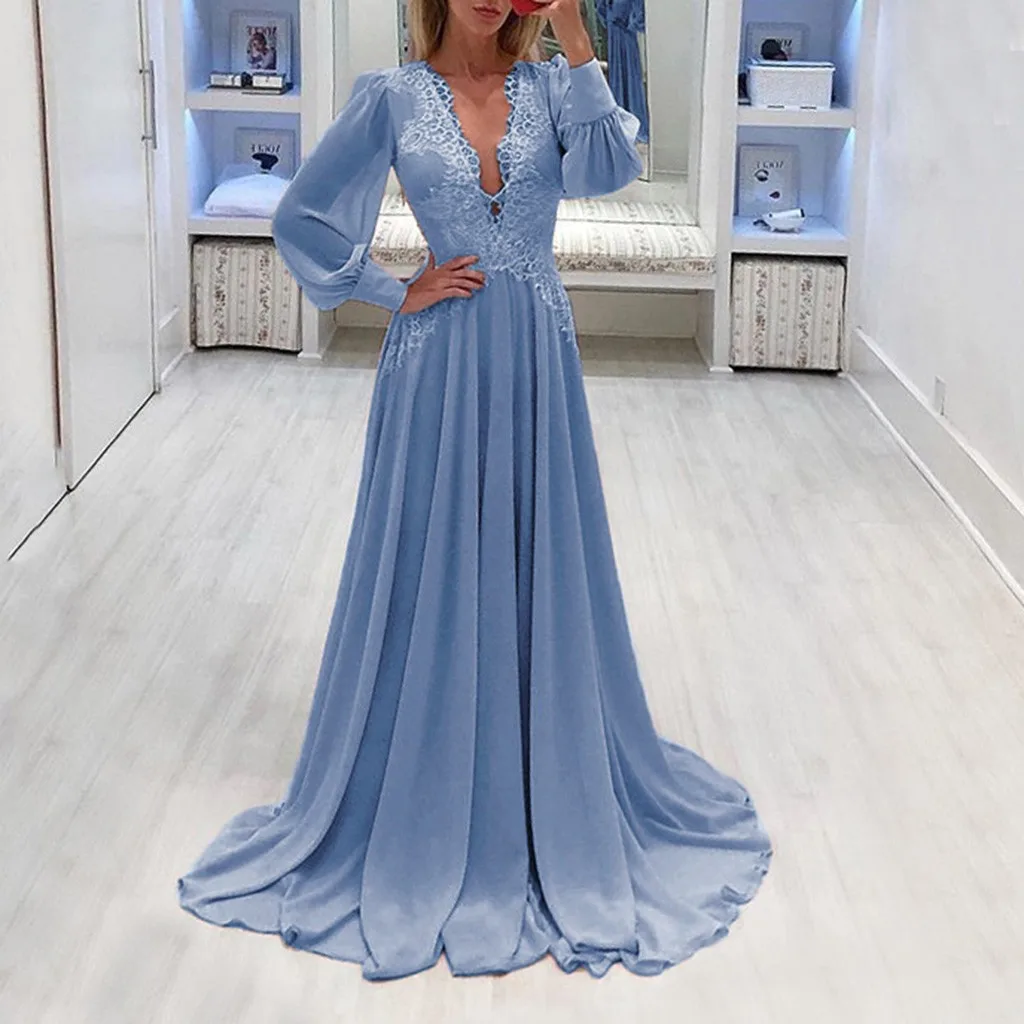 Женское сексуальное однотонное длинное платье с длинным рукавом и V-образным