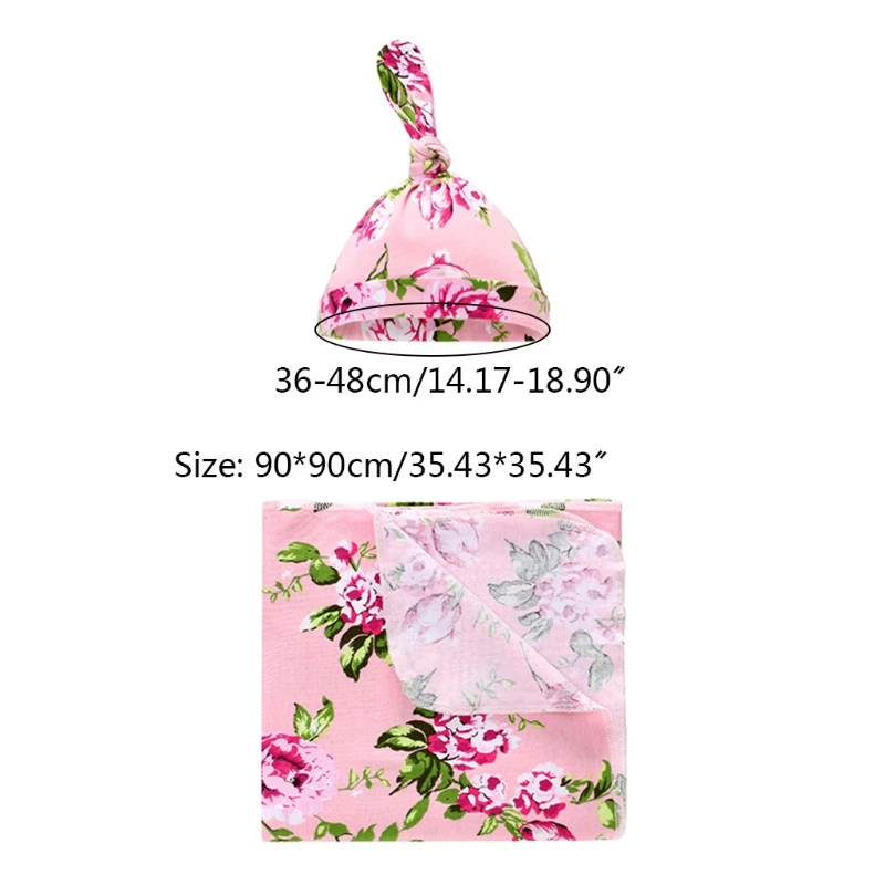 

2 Pcs Baby Floral Blanket Cap Set Infants Sleeping Swaddle Wrap Turban Hat Newborn Swaddling cloth