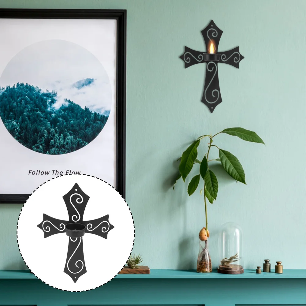 

Home Decor Wall Candlestick Black Iron Metal Candle Holder Vintage Candle Stand Christian Cross Wedding Living Room Decoration